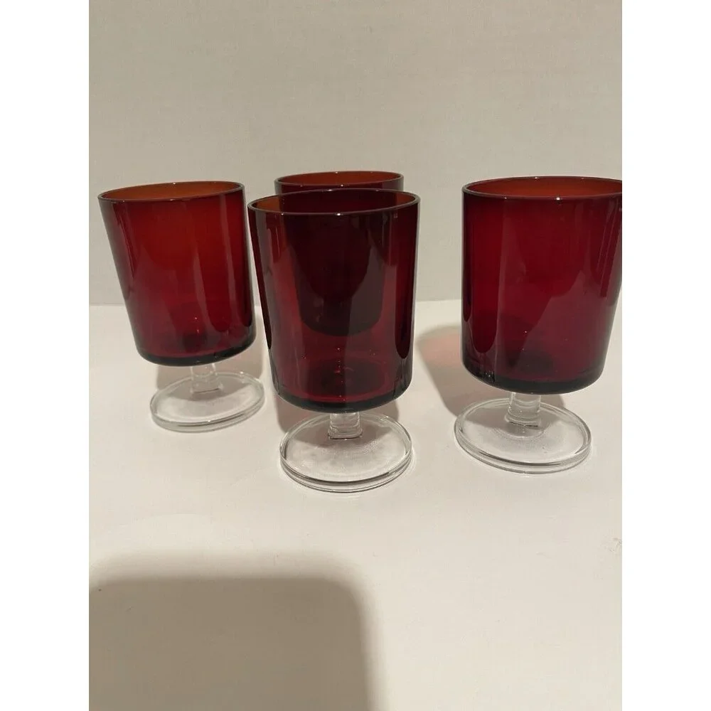 SET OF 4 Vintage Luminarc France Ruby Red Wine Glasses Goblets 4 1/8